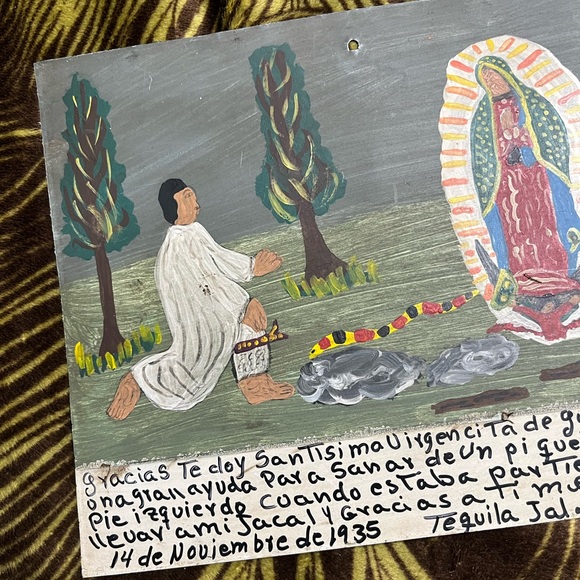 Vintage Mexican Folk Art Retablo Ex-Voto Virgin Mary Snake Bite Prayer on Tin - Picture 4 of 7